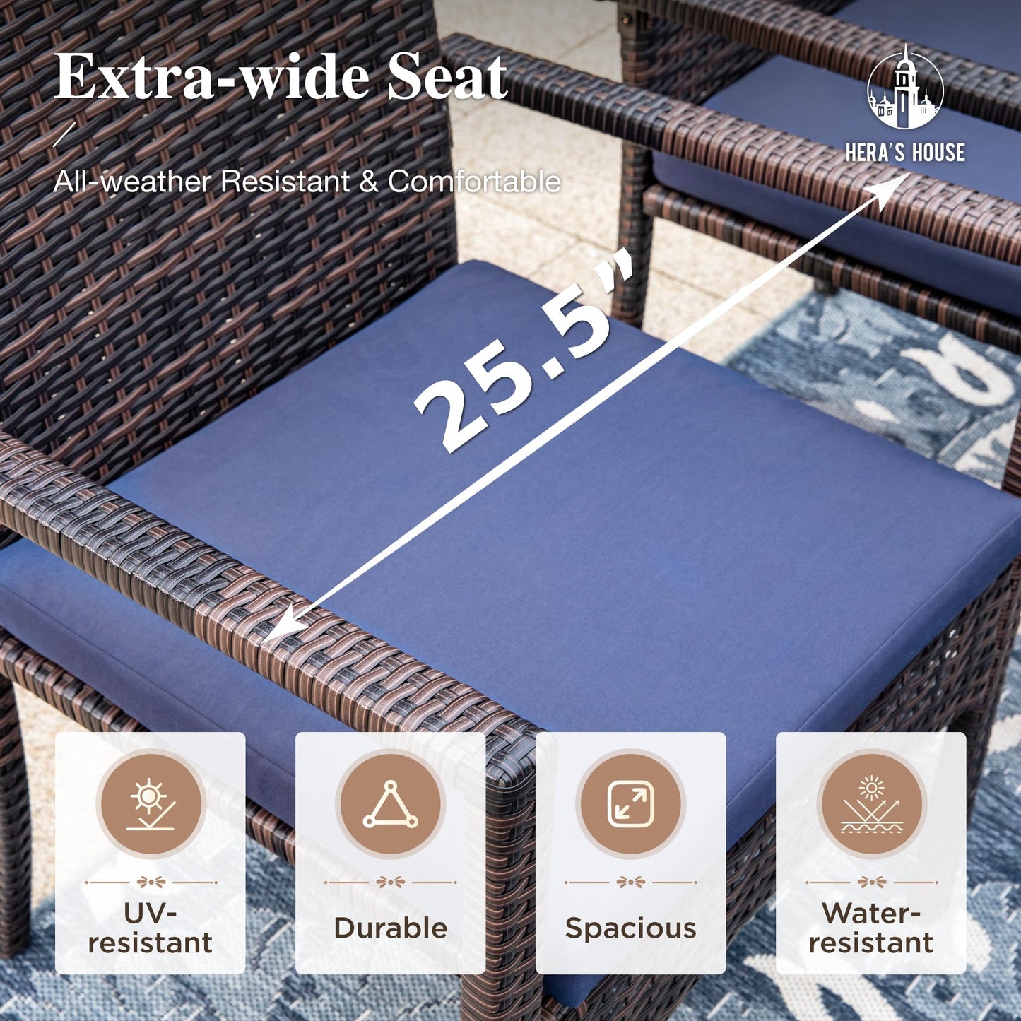 HERA'S HOUSE Patio Table and Chairs Set 7-Piece, Outdoor Dining Furniture Set with Cushions, All-Weather Wood Grain Table with 1.6"-2" Umbrella Hole & Wicker Chairs for Backyard, Garden, Deck