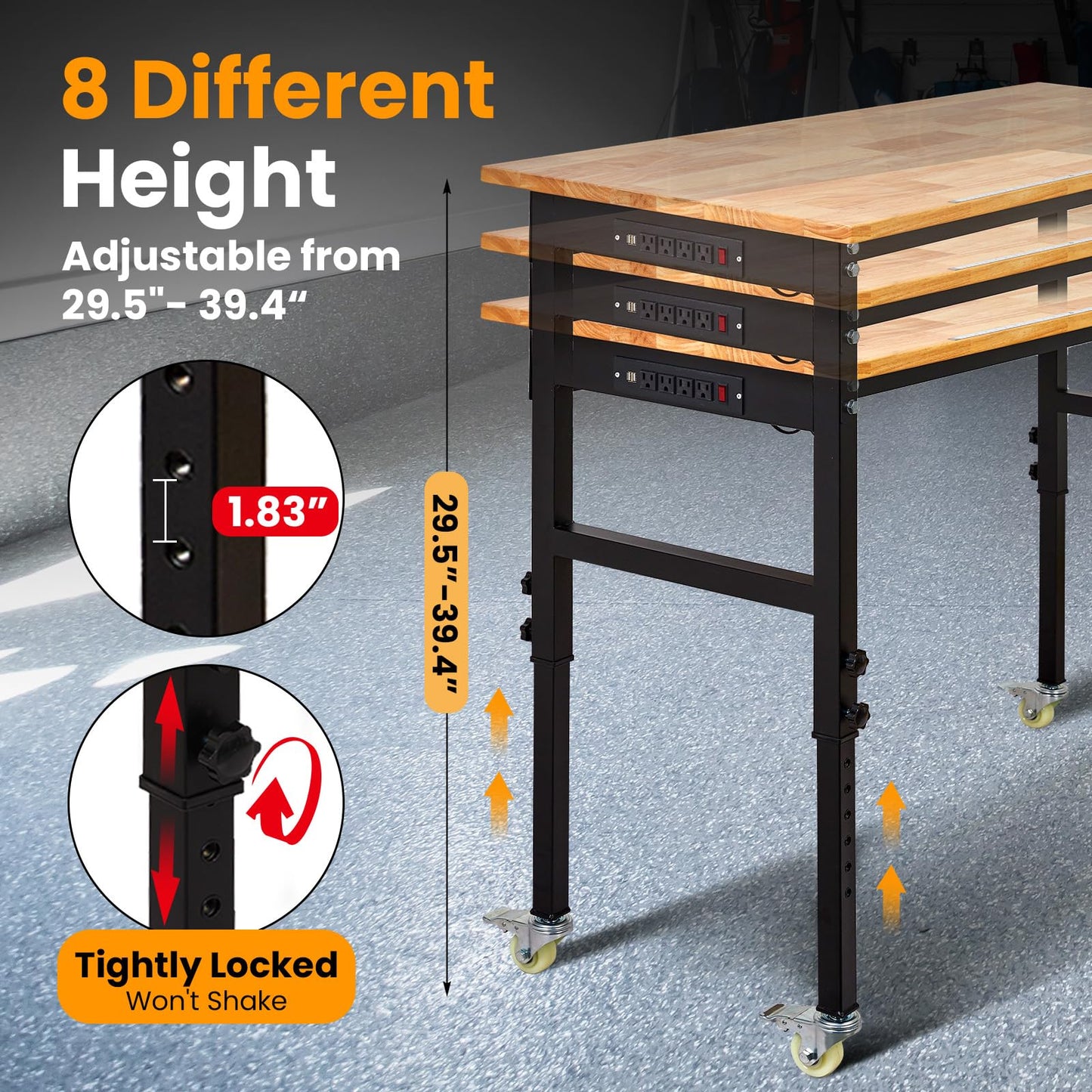 70" Adjustable Workbench with Power Outlet, 2000LBS Capacity Solid Rubber Wood Top & Thickened Steel Legs, 8-Levels Adjustable Heigh Work Table, Easy Assembly for Garage, Workshop, Home