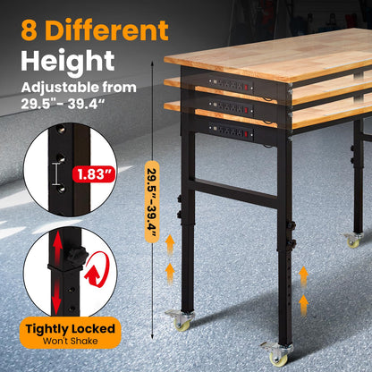 70" Adjustable Workbench with Power Outlet, 2000LBS Capacity Solid Rubber Wood Top & Thickened Steel Legs, 8-Levels Adjustable Heigh Work Table, Easy Assembly for Garage, Workshop, Home
