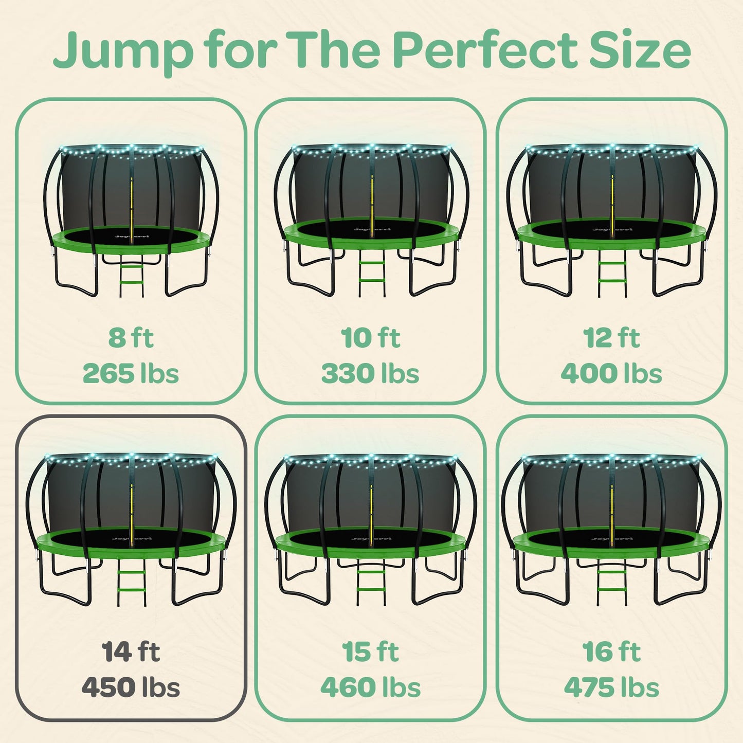JoyBerri Trampoline Outdoor - Upsurge ASTM Certified Safe 8Ft 10Ft 12Ft 14Ft 15Ft 16Ft Recreational Trampoline for Kids and Adults. Anti-Rust Coating with Enclosure Net, Ladder, Sprinkler & LED Lights