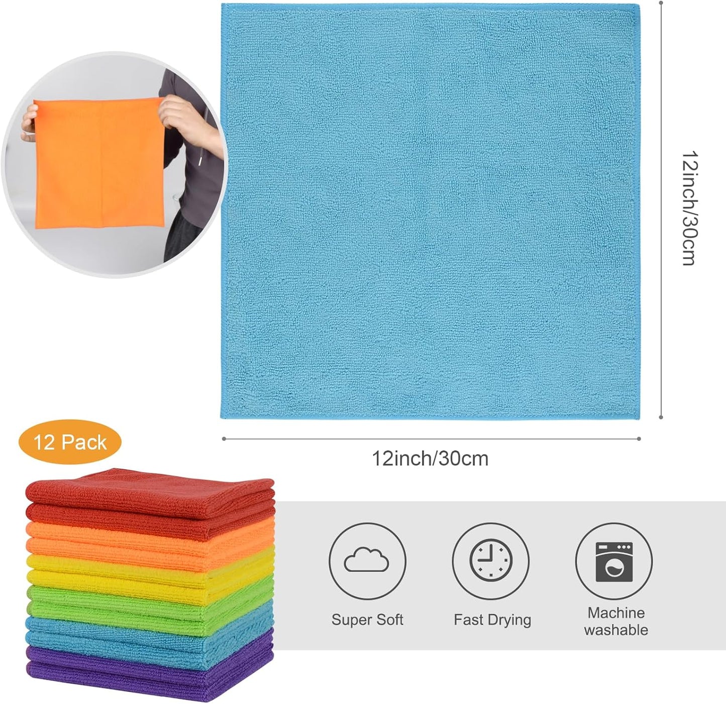 12inchx12inch 12 Pack SINLAND Microfiber Rag Absorbent Cleaning Cloth Kitchen Dish Cloth Quick Dry Streak Free Dish