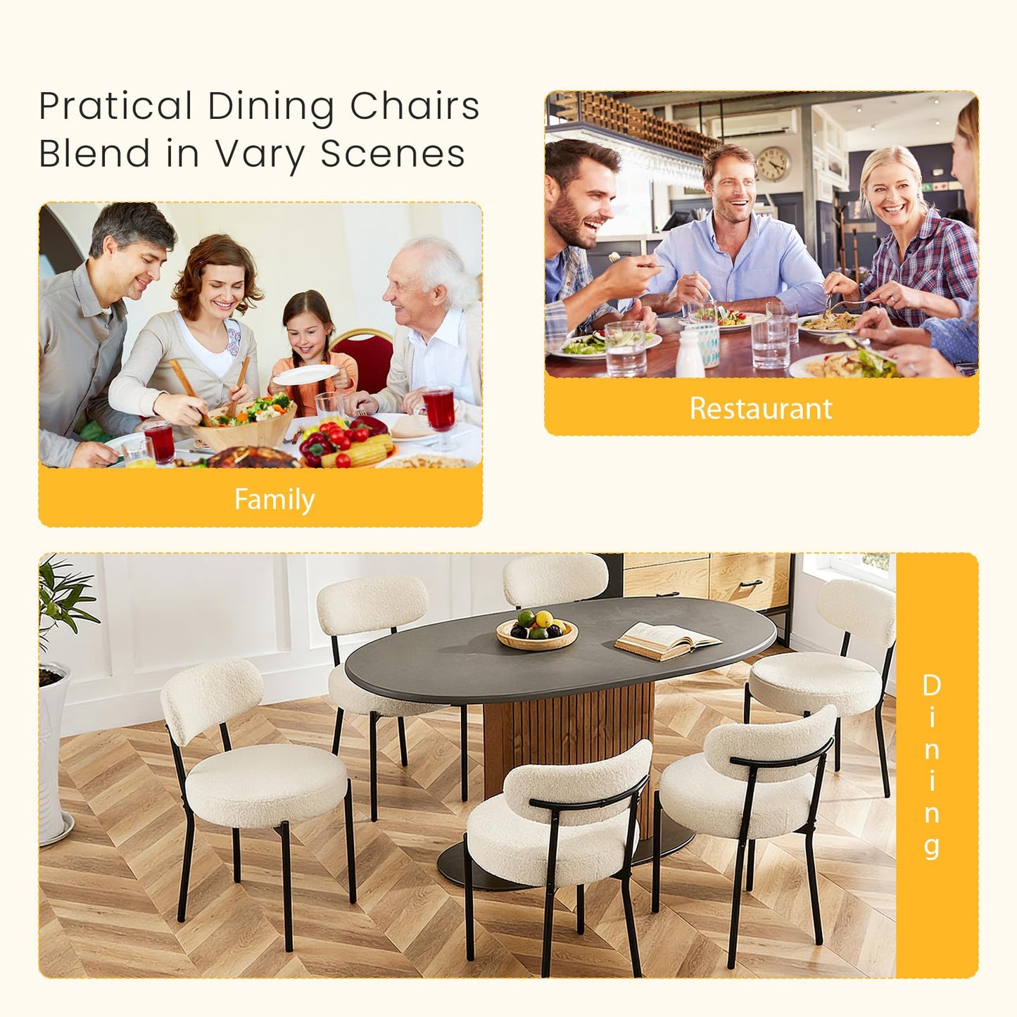 DUMOS Dining Chairs Set of 6, Mid Century Modern Chair Round Upholstered Curved Backrest, Kitchen Vanity Living Room Chairs with Black Metal Legs，Classic Beige