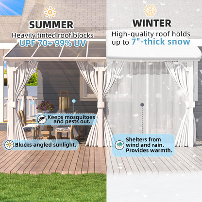 AECOJOY 14'x10' Outdoor Lean to Gazebo with Curtains and Mosquito Netting for Patio, Hard Top Wall Mounted Pergolas and Gazebos Clearance, Large Heavy Duty Metal Awnings for Decks in White
