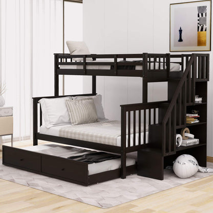 Merax Stairway Twin-Over-Full Bunk Bed with Twin Size Trundle, Storage and Guard Rail for Bedroom, Dorm, for Adults, Espresso