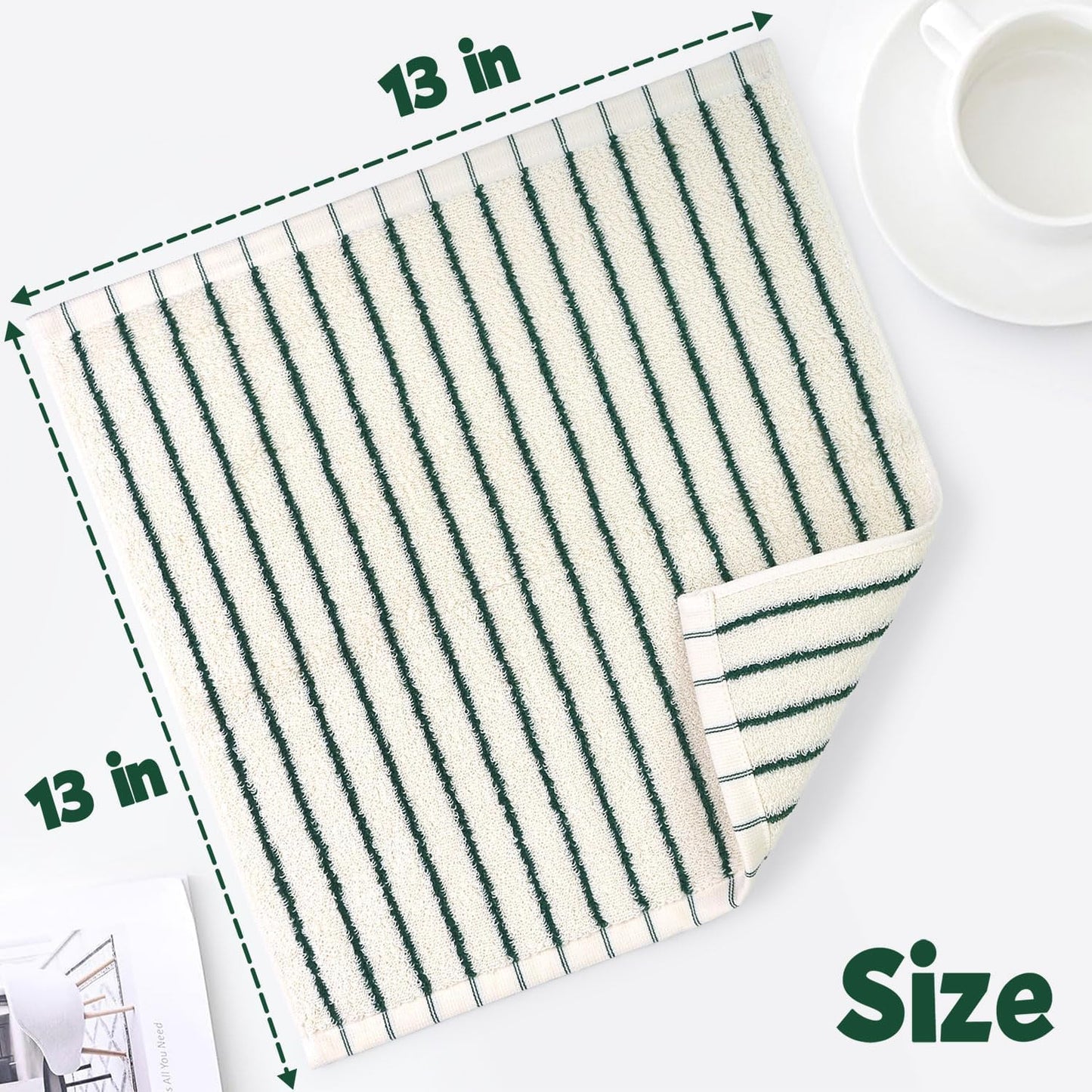 12 Pack, 13 13 Jacquotha Striped Cotton Washcloths x - Soft Wash Cloths for Bathroom, Kitchen, Gym, Face, Green