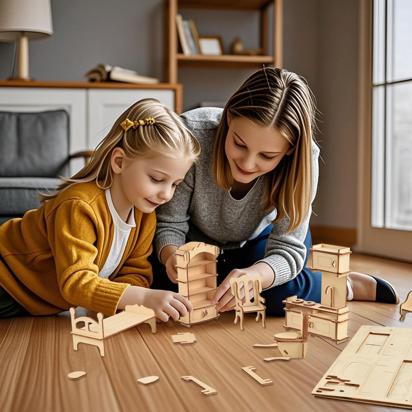 BOHS Wooden Dolls House Furniture 1/12 Scale - 3D Puzzles for Miniature Dollhouse Furniture Accessories - Large,28 PCS