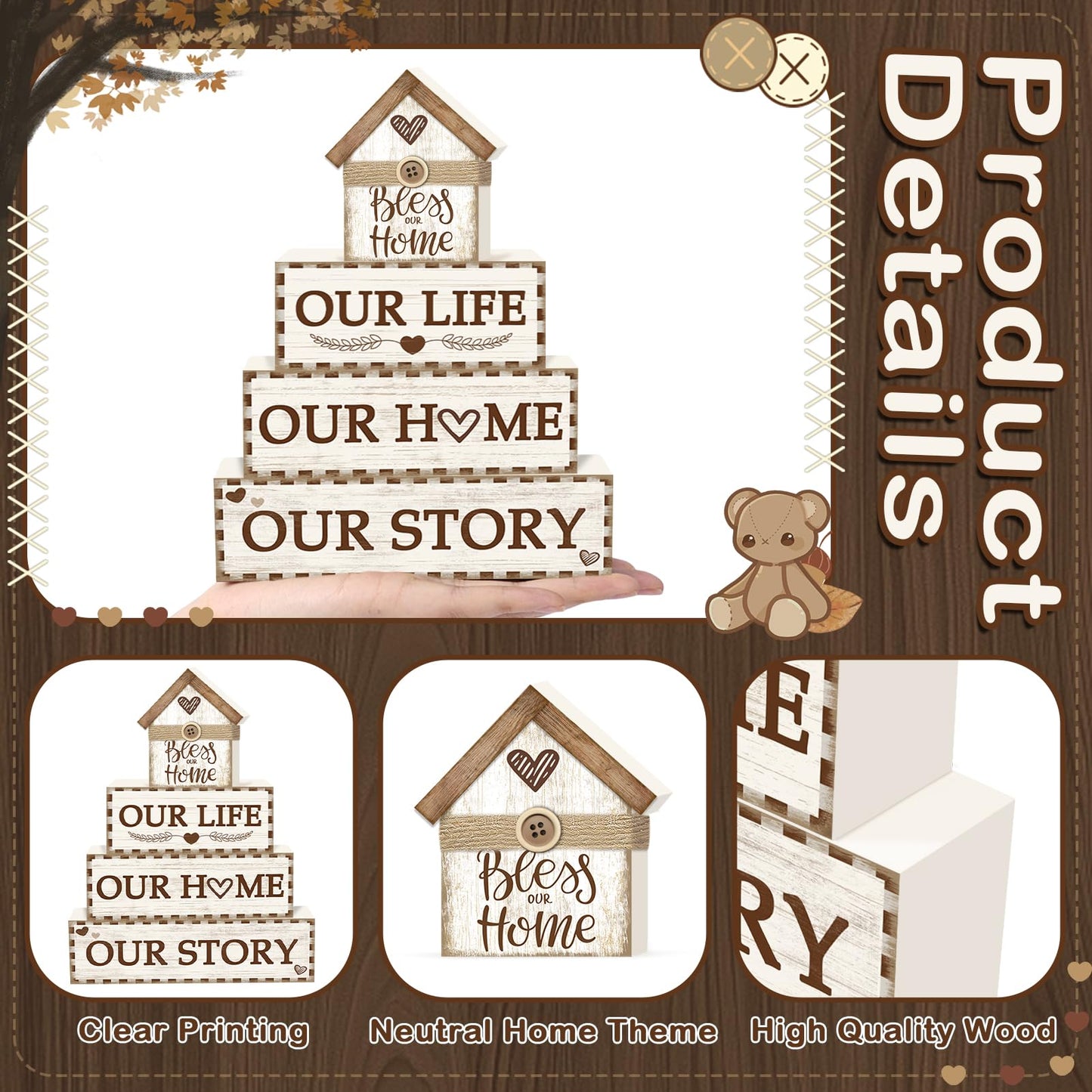 4 Pcs Rustic Farmhouse Decor Wooden Tiered Tray Decor, Rustic Family Table Decorations Our Life Story Stack Block Sign Neutral Home Tabletop Centerpieces for Kitchen Shelf Entryway Coffee Desk