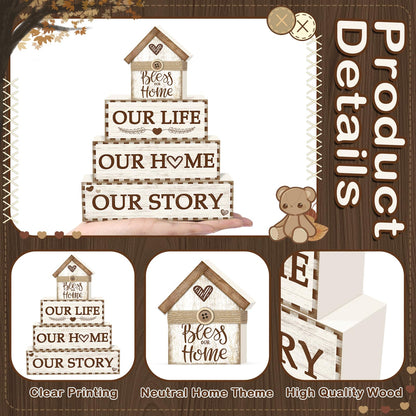 4 Pcs Rustic Farmhouse Decor Wooden Tiered Tray Decor, Rustic Family Table Decorations Our Life Story Stack Block Sign Neutral Home Tabletop Centerpieces for Kitchen Shelf Entryway Coffee Desk