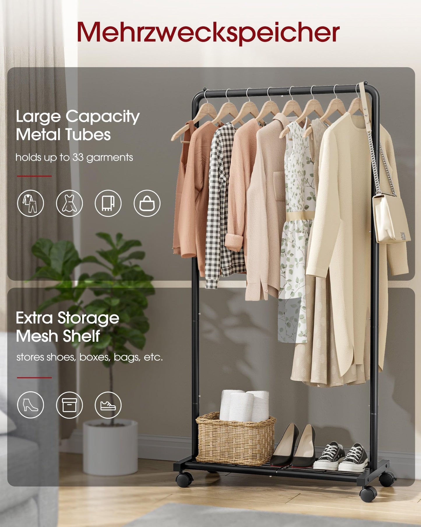 Sakugi Clothes Rack - Clothing Rack with Storage Mesh Shelf & Casters, Heavy-Duty Metal Clothing Rack for Hanging Clothes, Dresses, Coats, Large Load Capacity, Easy Assembly, Black, 28.0"x14.0"x59.0"