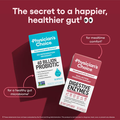 Physician's CHOICE Digestive Enzymes - Multi Enzymes, Organic Prebiotics & Probiotics for Digestive Health & Gut Health - Meal Time Discomfort Relief & Bloating - Dual Action Approach - 60 CT