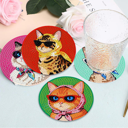8 Pcs Cat Diamond Painting Coasters Kits with Holder,Cat Wearing Glasses Diamond Art Coasters with Wooden Pad for Adult,DIY Round Drill Gem Drink Coaster Art Craft Supplies for Home Decor 4x4 Inch.