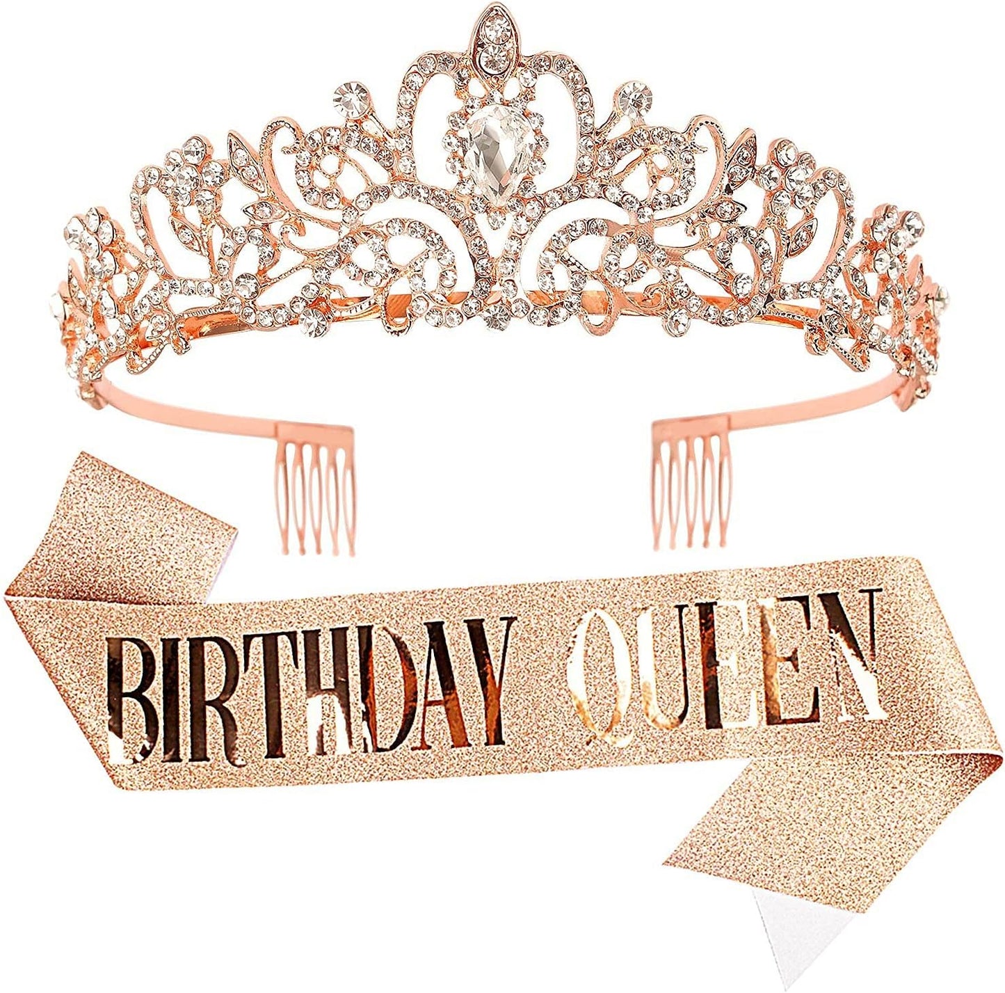 Didder Tiaras for Women, Crystal Rose Gold Birthday Queen Sash, Elegant Princess Crown with Combs for Girls Party