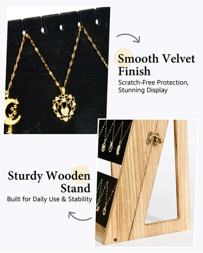 Bulado Necklace Display for Vendors, Foldable Necklace Holder with 66 Slots, 3 Tier Jewelry Display for Selling, Wood Jewelry Storage Organizer Stand with Black Velvet for Craft Show