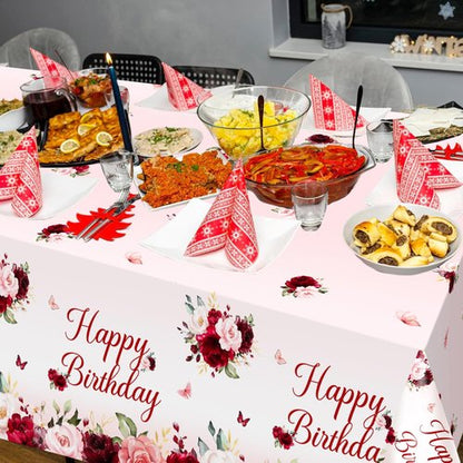 Avezano 3 pcs Burgundy Birthday Tablecloths 108x54 inch Red Pink Floral Birthday Party Decorations Burgundy Rose Bday Table Covers Disposable for Women Girls