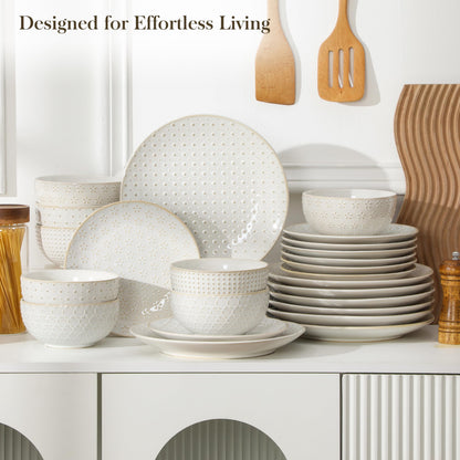 MALACASA 24 Piece Dinnerware Set, Embossed Ceramic Dish Sets Service for 8, Plates and Bowls Set, Durable Stoneware Tableware for Family Dinners, Dishwasher & Microwave Safe