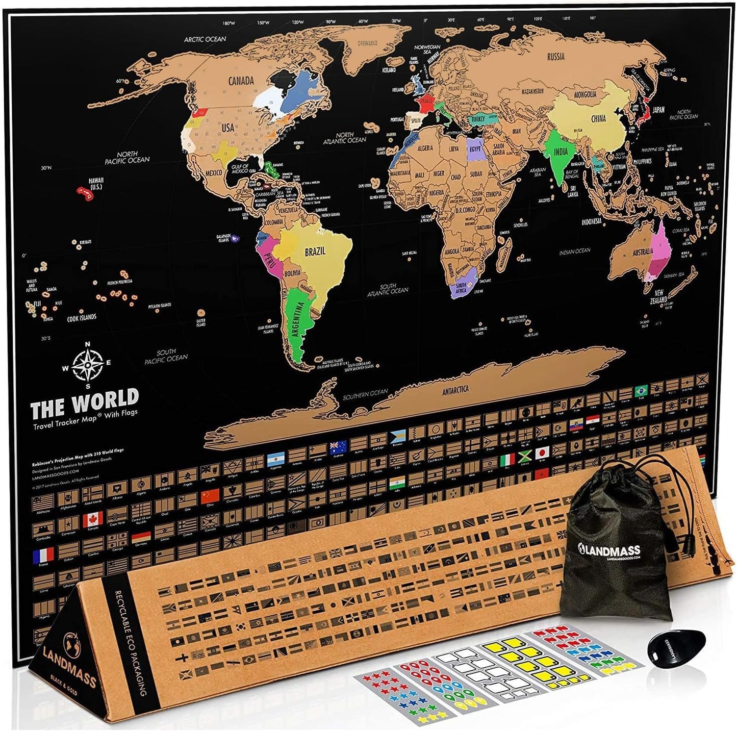 Landmass Scratch Off World Map, Deluxe Travel Tracker with Flags, 17x24 Inches Wall Art for Home or Office