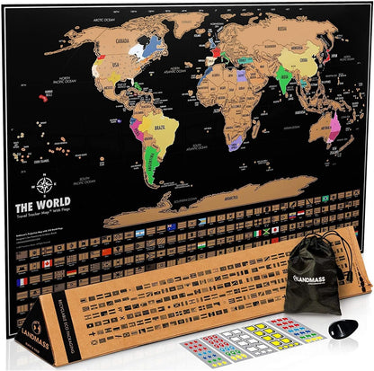 Landmass Scratch Off World Map, Deluxe Travel Tracker with Flags, 17x24 Inches Wall Art for Home or Office