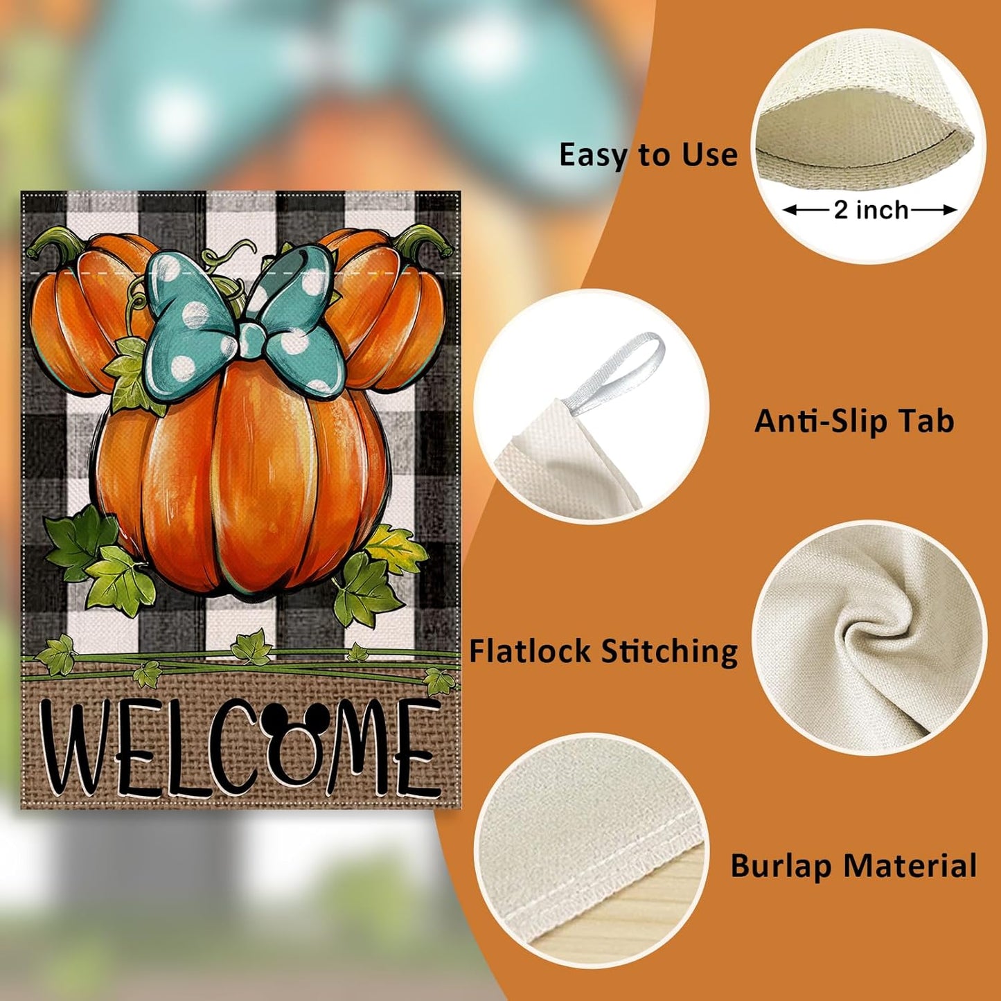 Welcome Fall Pumpkin Decorative House Flag, Autumn Thanksgiving Buffalo Plaid Check Garden Yard Decor