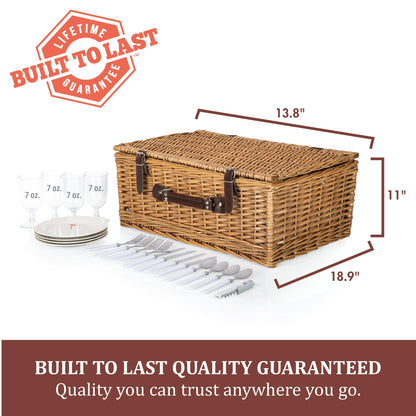 Picnic TME Belmont Picnic Basket for 4, Insulated Wicker Basket Set with Porcelain Plates, Stainless Steel Flatware, Wine Glasses, Cooler, Leatherette Straps, Gift (Navy Blue & White Stripe)