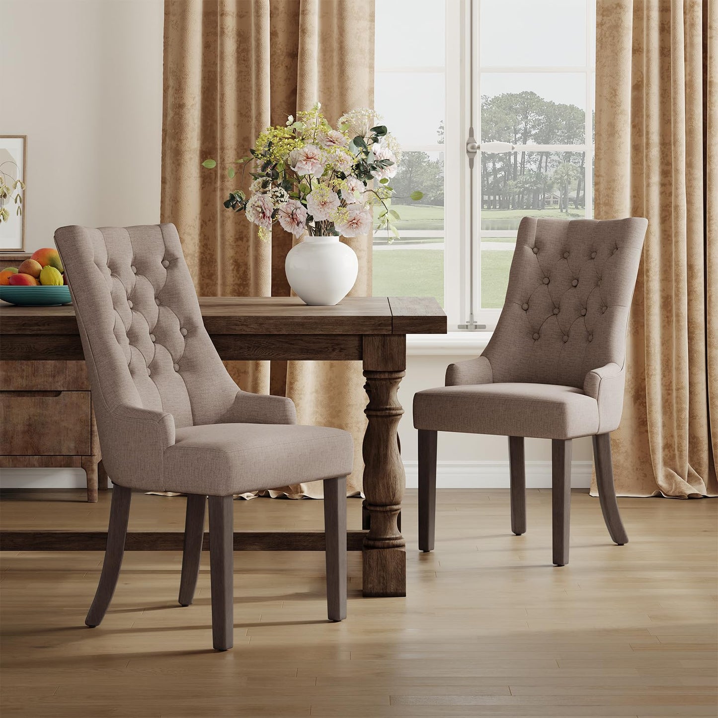 COLAMY Fabric Side Dining Chairs Set of 6, Wingback Upholstered Dining Room Chairs with Tufted Button, Living Room Chairs for Home Kitchen, Taupe