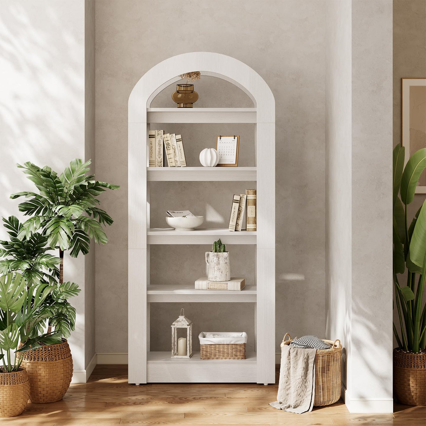 LITTLE TREE 5-Tier Bookshelf, Arch-Shaped Racks, Tall Standing Wooden Bookcase Display Shelf Modern Storage Solution (2, White)