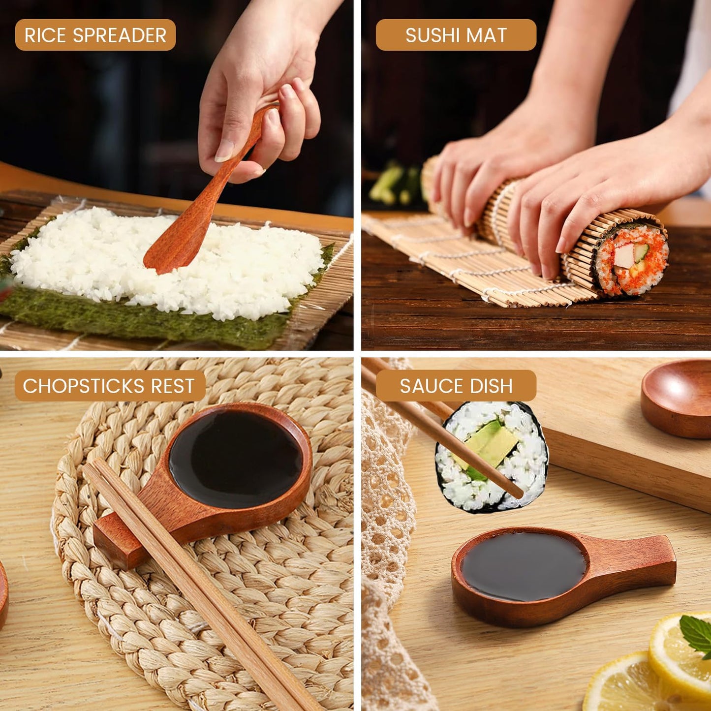 Wimitools All Wood Sushi Making Kit Nonplastic Sushi Roller Kit, Nanmu Wood Rice Paddle, Spreader, Chopsticks, Bamboo Mat - the Pro Homemade Sushi Kit and Best Gift
