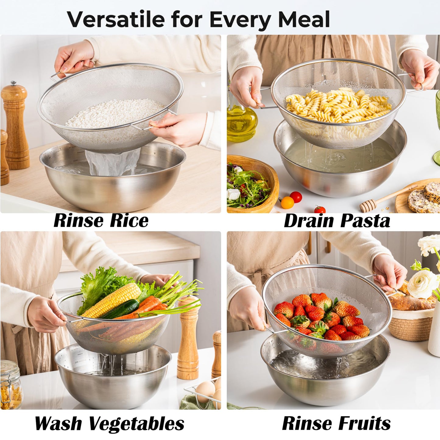 Stainless Steel Mixing Bowl and Colander Set, Multipurpose Kitchen Basket with Fine Mesh Colander, Salad Mixing Bowl with Strainer,3.5 Qt Large Capacity For Rice Fruit Vegetable (Stainless Steel)