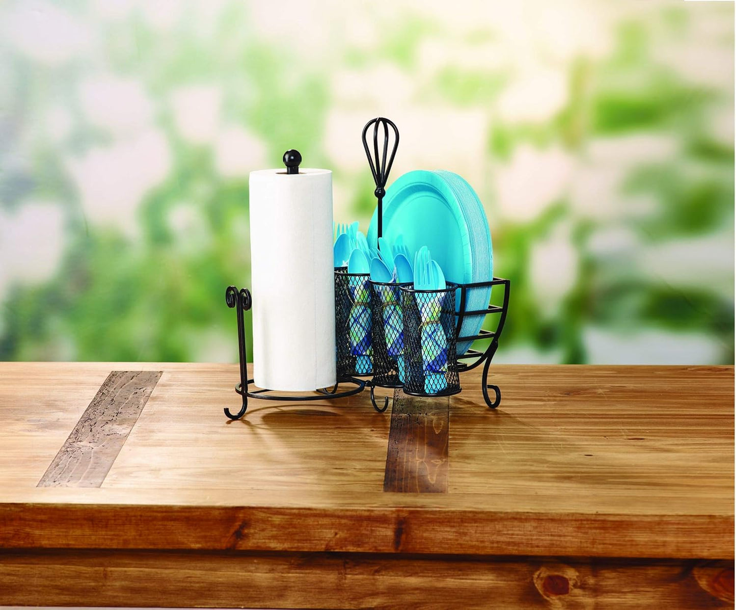 15 14 13 Mikasa Gourmet Basics Avilla Picnic Caddy, Antique Black Finish, Paper Plate Organizer with Flatware Canisters