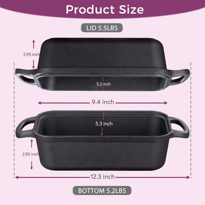 Vanderlume Cast Iron Loaf Pan with Lid 9x5 Inch, 2 in 1 Loaf Pans for Baking Bread, Even Heat Distribution for Sourdough, Homemade Bread