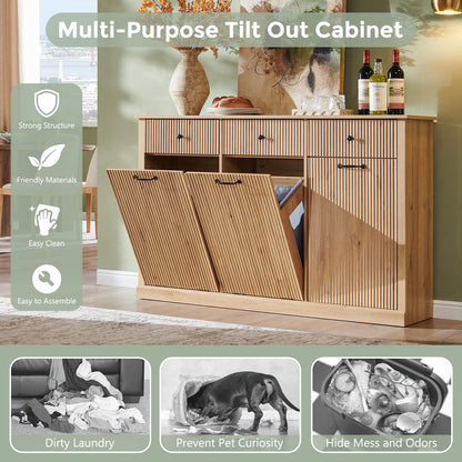 IFBUY Triple Tilt Out Laundry Hamper Cabinet, Modern Fluted Trash Can Cabinet with 3 Drawers, 20 Gallon Hidden Garbage Can Cabinet w/Laundry Basket & Adjustable shelf for Bathroom,Kitchen, Natural Oak