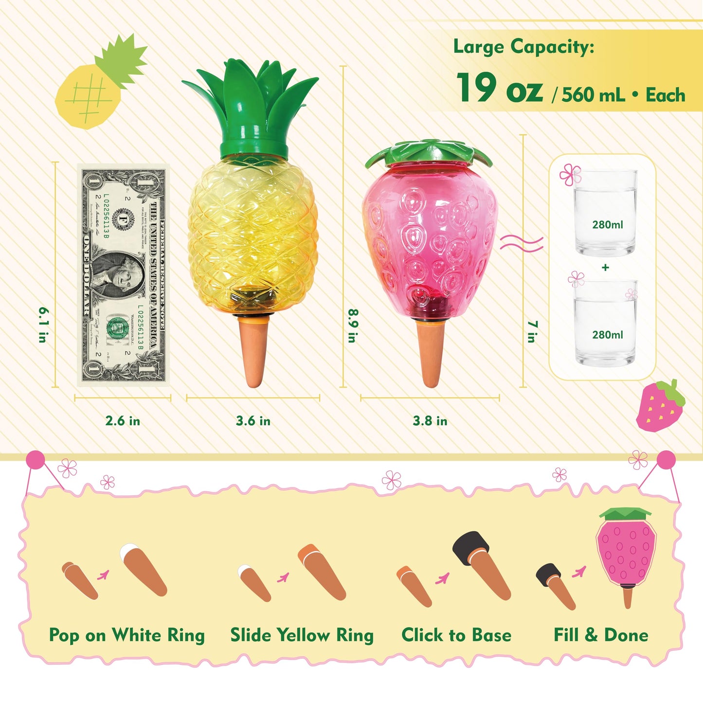Extra Large Plant Watering Globes for Plants - 19oz Plant Watering Devices, Vacation Self Watering Globes with Slow Release, Indoor Plant Watering Bulbs, Plastic, 2-Pack(1 Pineapple & 1 Strawberry)