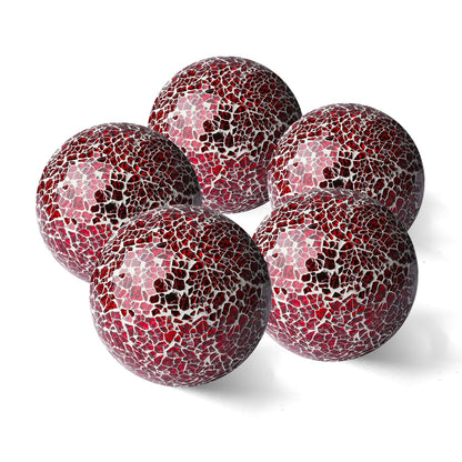 3 Inch Decorative Orbs Glass Balls Set of 5, Mosaic Sphere Globe for Whole Housewares, Wedding, Birthday, Bowls, Vases Dining Table Centerpieces (Red)