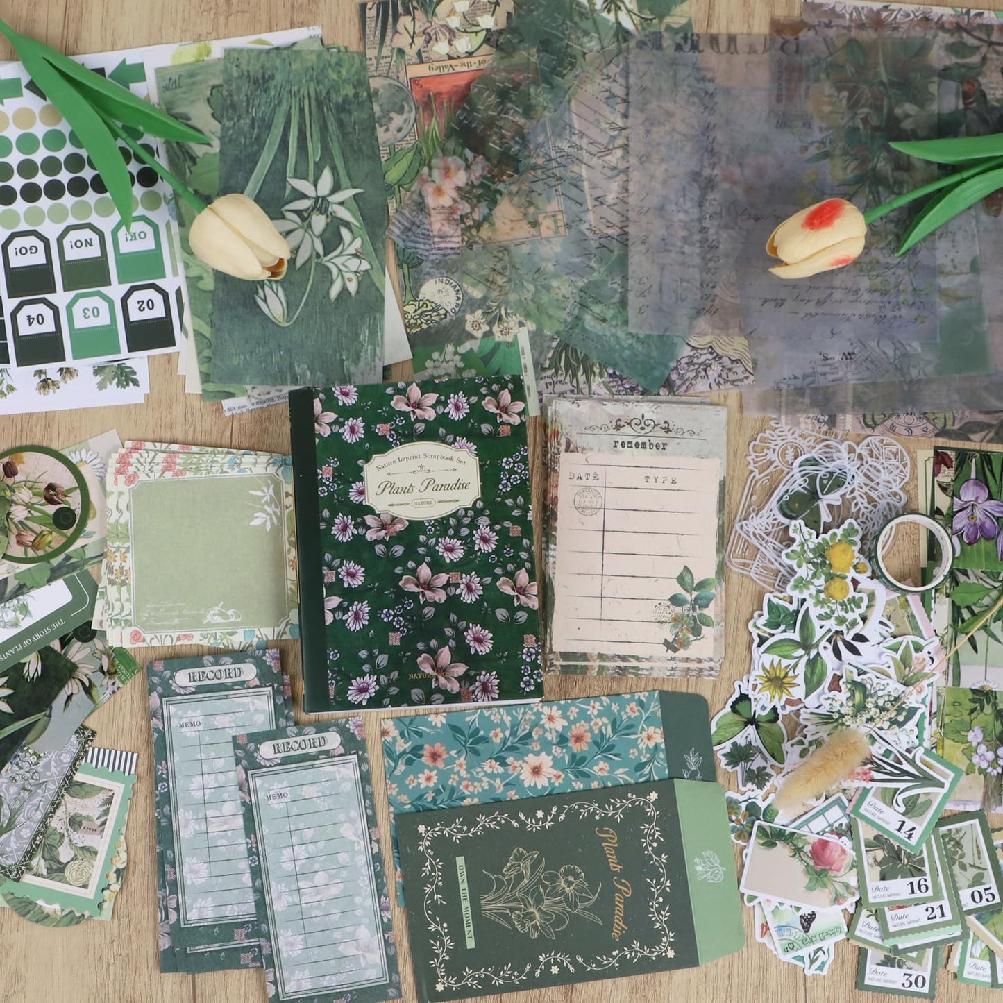 Koqye Green Plants Scrapbook Kit - 157-Piece DIY Craft Supplies for Holiday Cards, Journals & Gifts Includes Notebook, Washi Tape, Stickers & More (Green Plants)