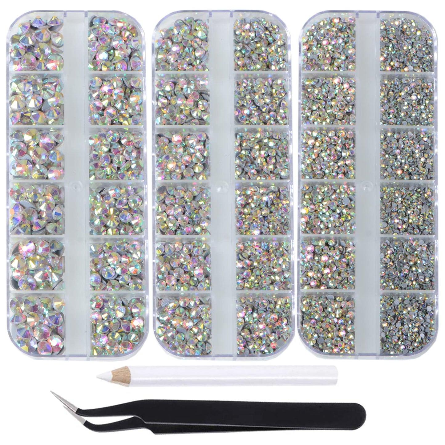 Massive Beads 6500pcs+ Flatback Glass Hotfix Iron On Rhinestones Crystal for DIY Making with 1 Tweezer & 1 Picking Pen for Shoes, Clothes, Face Art, Bags, Manicure (Crystal AB, 6-Sizes)
