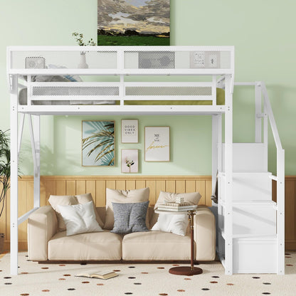 DNYN Queen Size Loft Bed with Desk & Storage Shelves & Wardrobe & Staircase Design for Kids/Adults Bedroom,Sturdy Metal High Bedframe w/Led & USB Port,Super Save Space & No Box Spring Needed, White