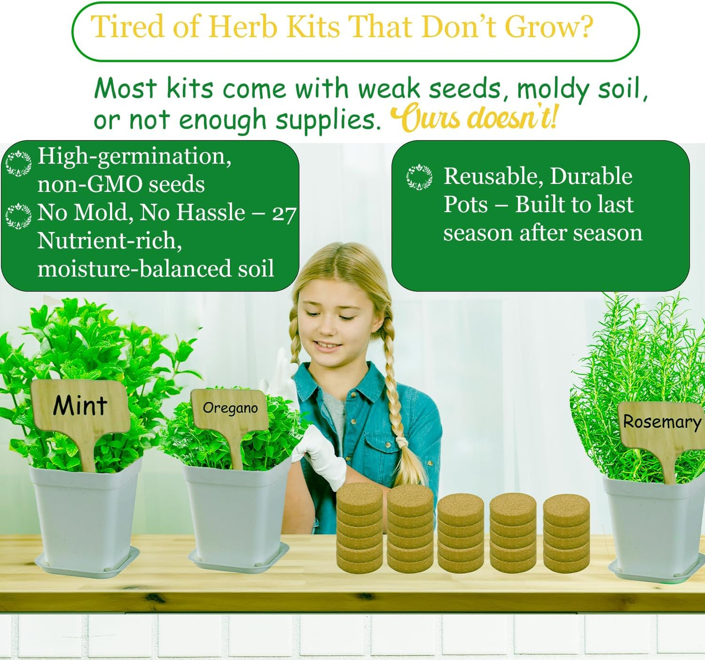 DESAI Garden 9 27 Indoor Herb Garden Kit, Non-GMO Seeds with Reusable Pots, Planter DIY Grow Kits for Growing Herbs