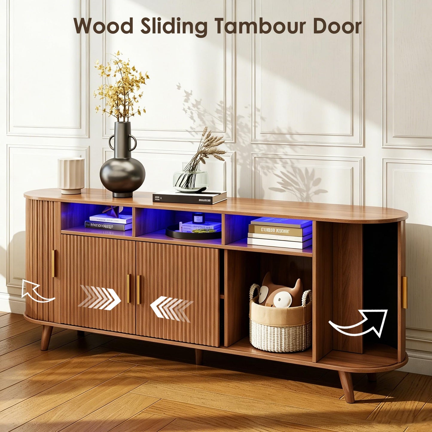 PLRSOZIM 70" Tambour TV Stand with LED Lights, Mid-Century Modern Fluted Sliding Tambour Doors, Fits up to 75" TVs, Media Console with Storage Cabinets, Entertainment Center for Living Room & Bedroom
