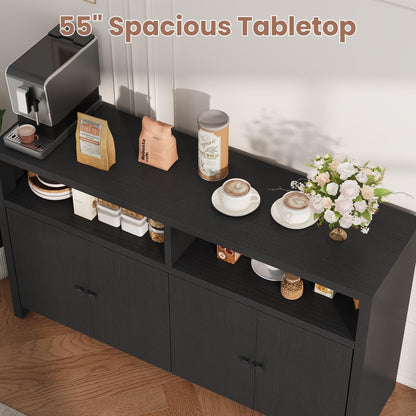 IDEALHOUSE Buffet Sideboard Cabinet with Storage, 55" Large Farmhouse Kitchen Storage Cabinet with 4 Doors & Adjustable Shelves, Wood Coffee Bar Cabinet for Kitchen, Dining Room, Living Room