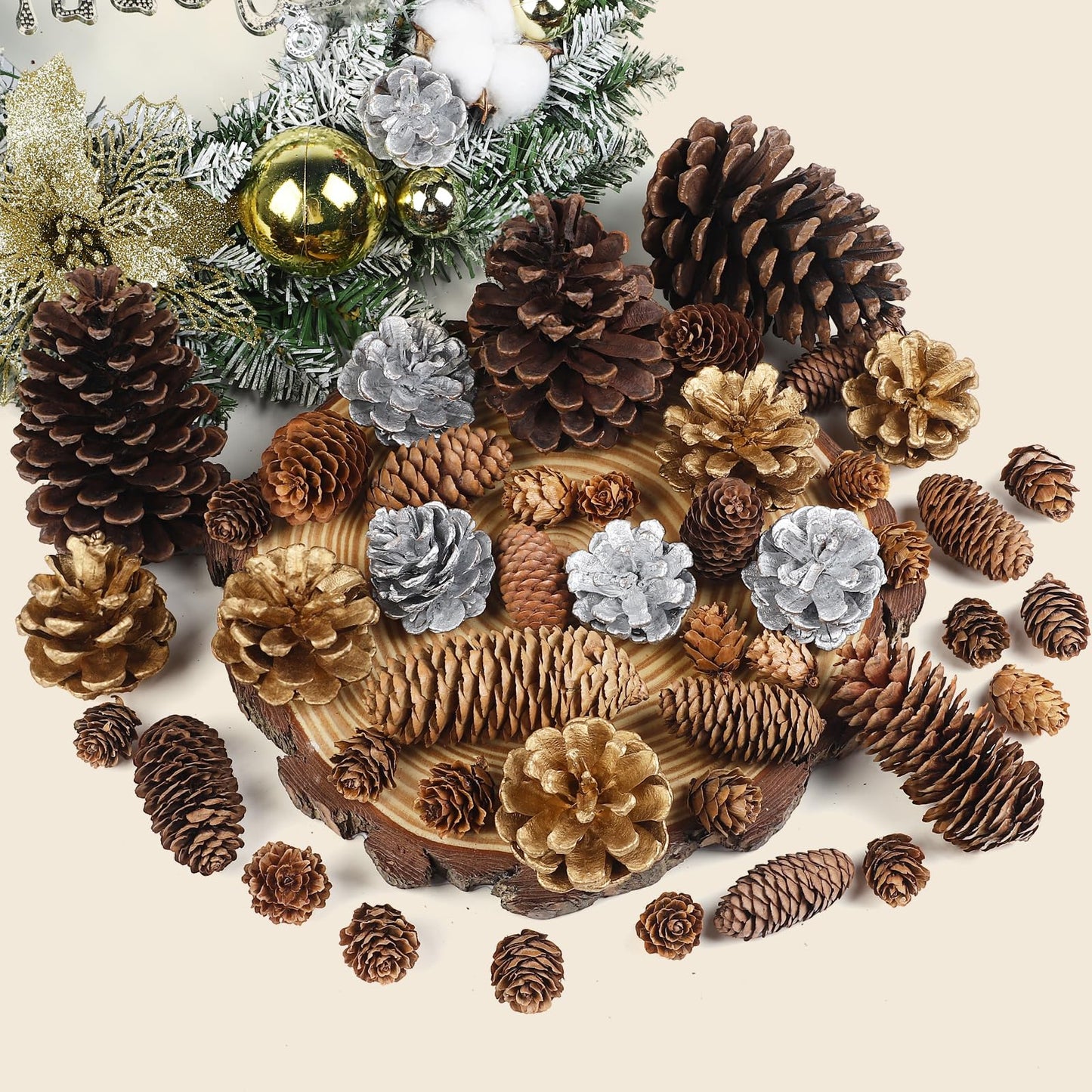 TaoQ C 45 PCS Pine Cones Christmas Pine Cones Natural Large Mini Silver Gold Pinecones for Decorating Christmas Tree Winter Holidays Thanksgiving Table Fall Bowl Fillers Ornaments