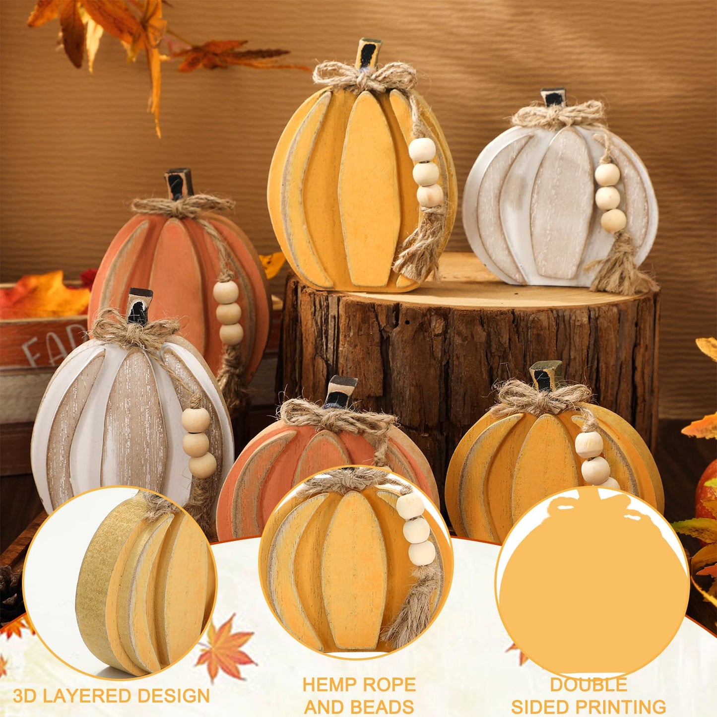 JarThenaAMCS 6 Pcs Fall Wooden Signs 3D Retro Pumpkin Wood Tabletop Signs with Hemp Rope Autumn Harvest Desktop Centerpiece for Thanksgiving Farmhouse Table Tiered Tray Home Kitchen Decor