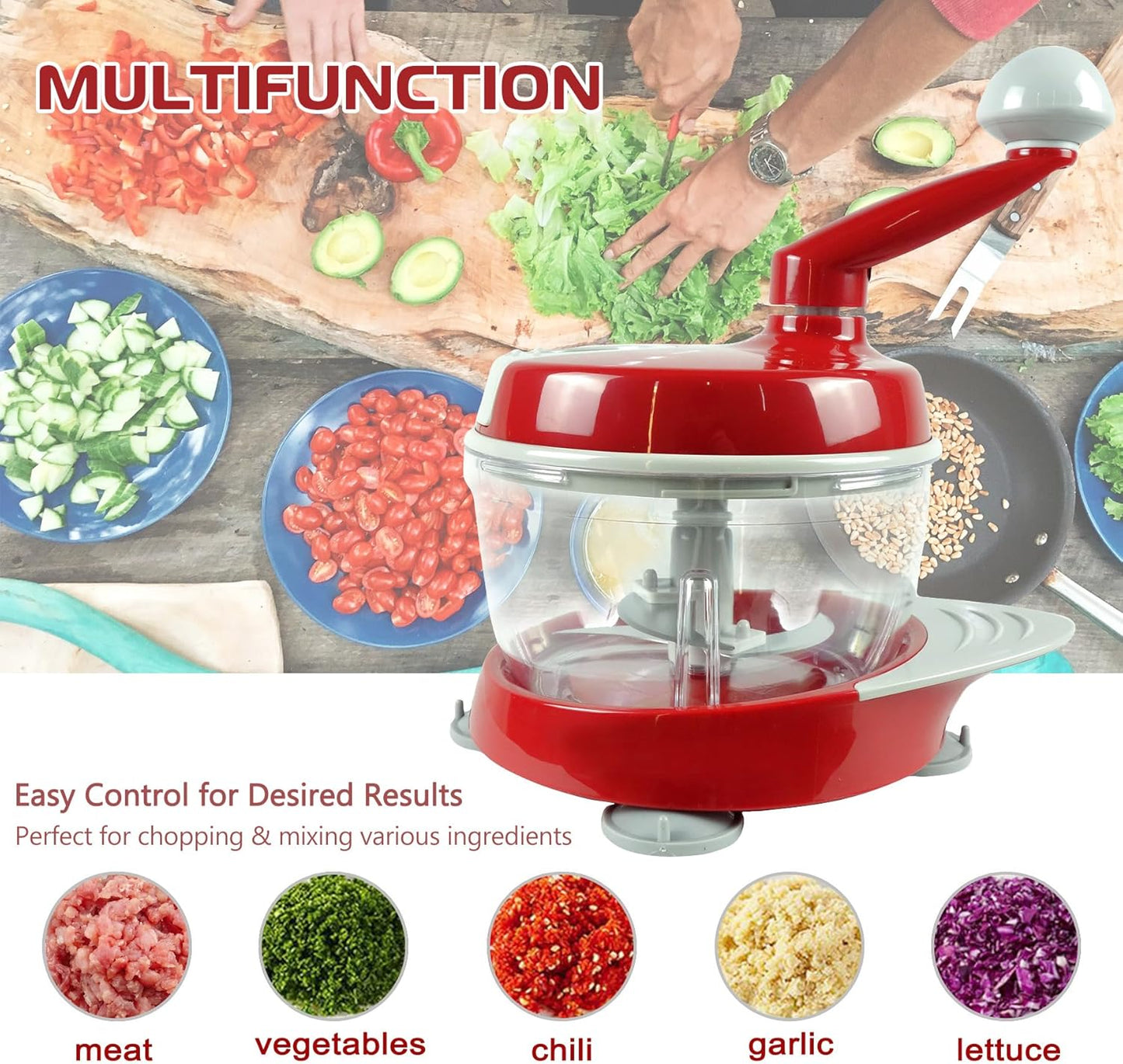Manual Food Processor, Hand Powered Crank Chopper, Vegetable, Meat, Fruits, Onions Blender Mixer
