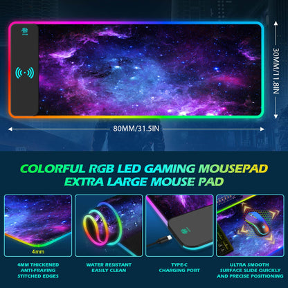 ToLuLu RGB Gaming Wireless Charging Mouse Pad, 5/7.5/10/15W 10 Light Modes LED Mouse Pad Computer Keyboard Mat Mousepad, 800x300x4MM Extended Large Desk Mat for Gaming, MacBook, Laptop, PC, Galaxy