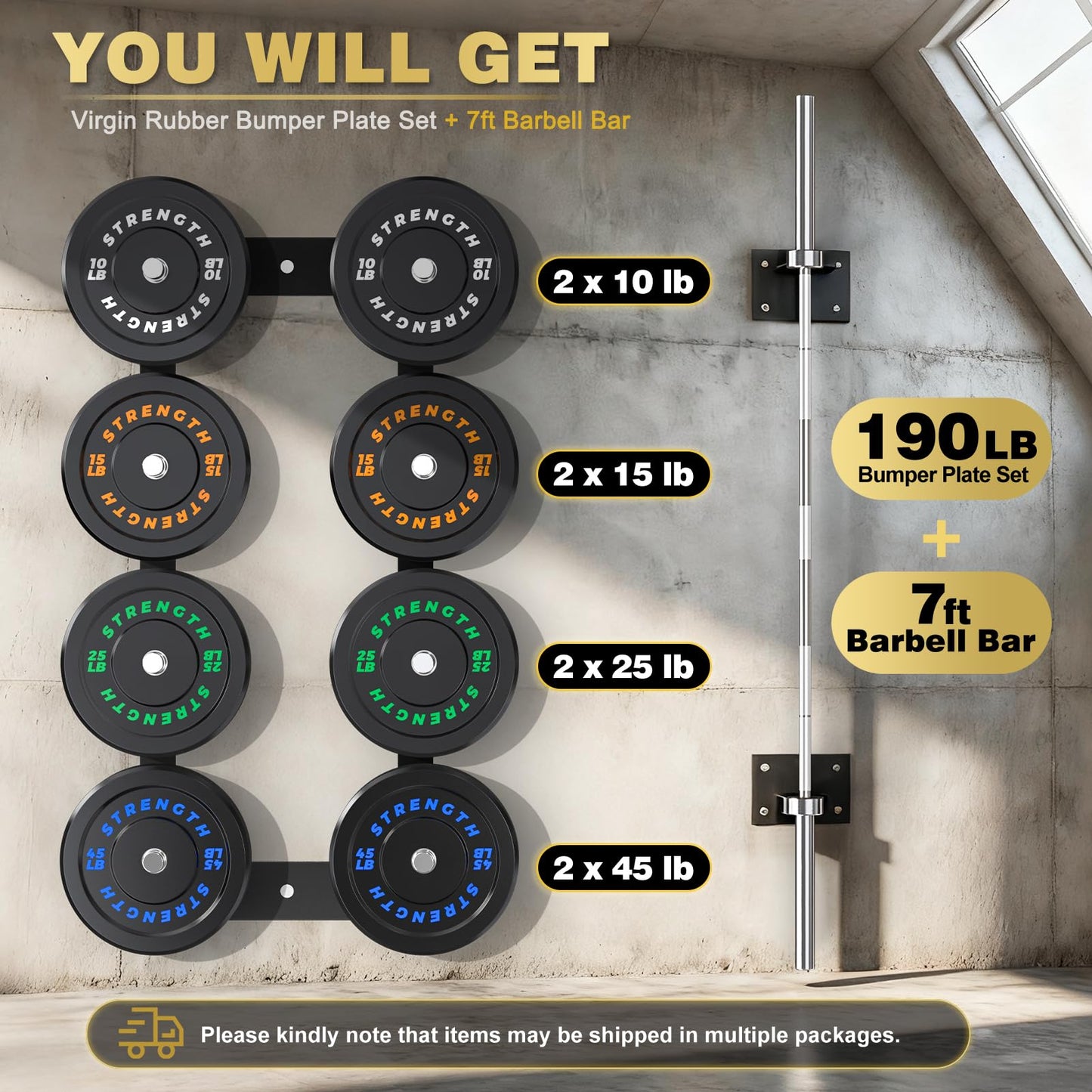 Rendpas 2-Inch Olympic Bumper Plates, 100% Virgin Rubber Low Bounce Barbell Weight for Home Gym Strength Training, 10lb-45lb Black with Color-Coded