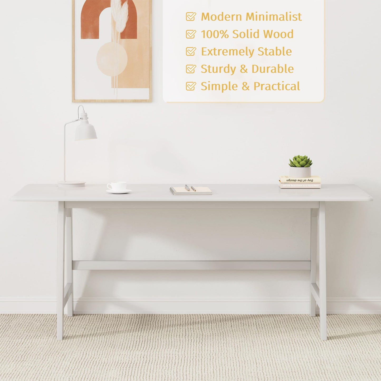 IOTXY Solid Wood Writing Table - 72" W x 24" D Minimalist Long Computer Desk for Home Office, Work, Study, Creativity, and PC Workstation, White