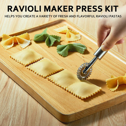 MUMSUNG Ravioli Maker Press, Ravioli Press Mold Set - Round Ravioli Stamp Maker Cutter with Wood Rolling Pin, 2.6" Empanada Maker Press Kit and Ravioli Wheel, Makes 8 Ravioli