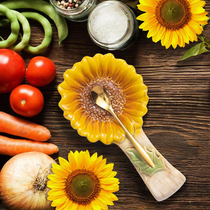 2 Pack Spoon Rest for Stove Top, Sunflower Ceramic Spoon Holder for Kitchen Counter Cooking Utensil Ladle Spatula Holder Cute Spoon Rest Sunflower Kitchen Decor Items House Warming Birthday Gift