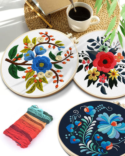 TINDTOP 3 Sets Embroidery Kit for Adults, Floral Embroidery Practice Kit for Beginners Include Embroidery Cloth Hoops Threads for Craft Lover Hand Stitch with Embroidery Skill Techniques
