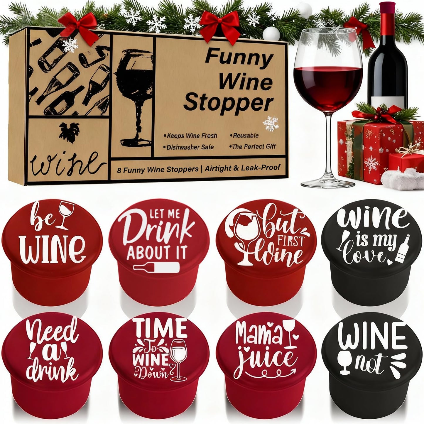 8 Pack Funny Wine Stoppers - Wine Gifts for Wine Lovers, Airtight Food-Grade Silicone Bottle Stoppers to Keep Wine Fresh, Novelty Christmas Gifts for Men, Women, Mom, Wife