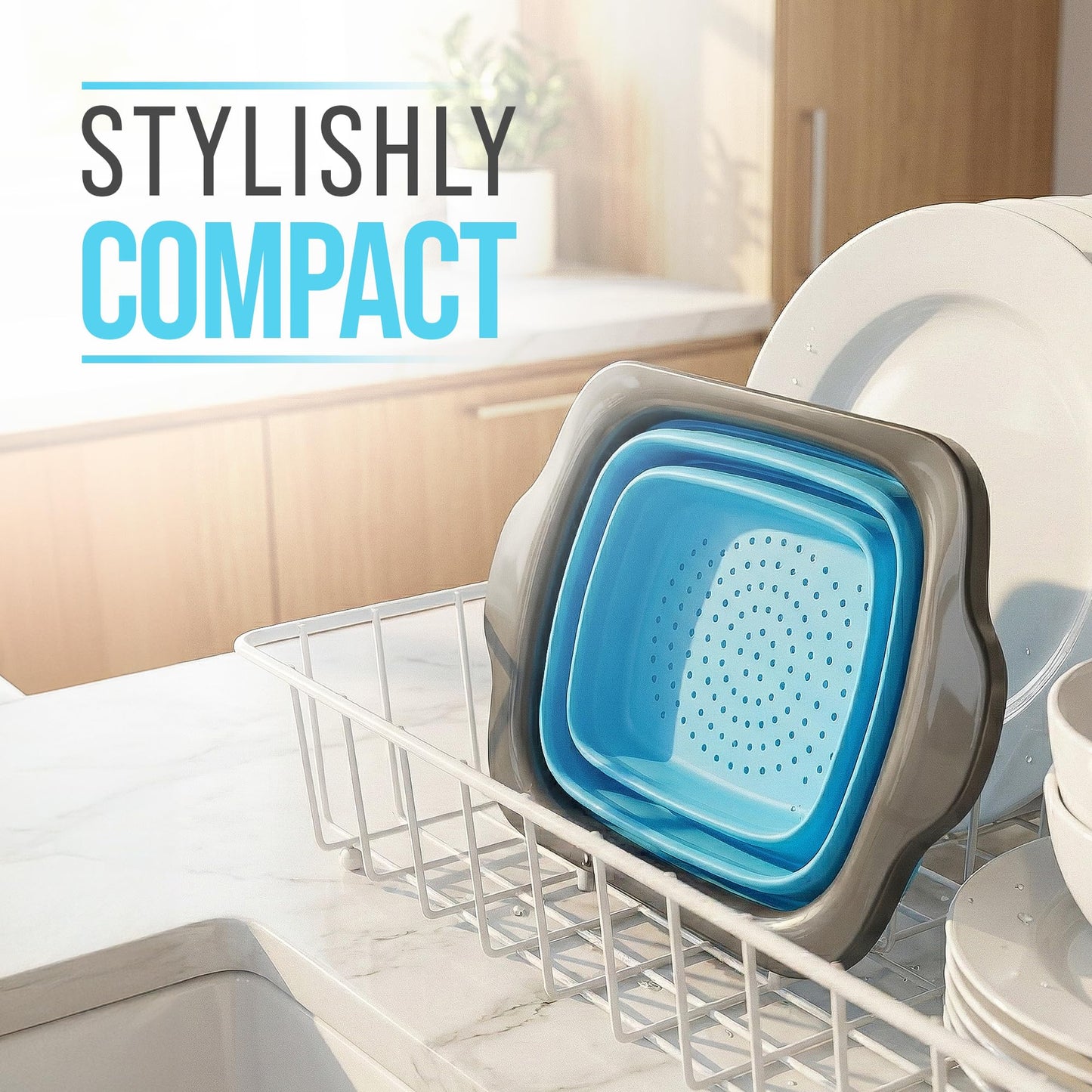 Comfify XL Large Kitchen Strainer - Collapsible Silicone Over - The-Sink Colander with Extendable Handles - Use with Pasta, Fruit, Berries & Veggie - 6 Quart - Blue