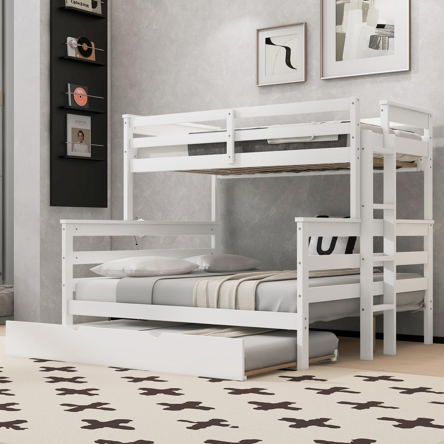Merax Twin XL Over Queen Bunk Bed Wood Detachable Bunk Bed with Trundle & Ladder, Multifunction Bunk Bed with Full Length Gardrails, No Box Spring Needed,Space Saving,White